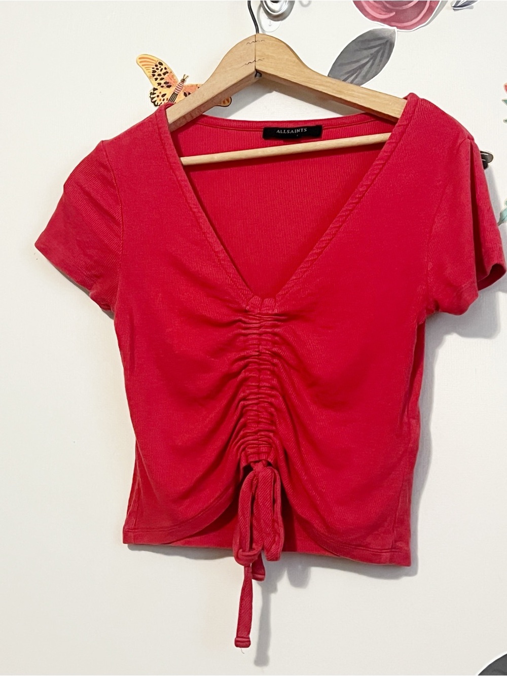 All Saints Red Pink Ruched V-Neck Drawstring Short Sleeve Top M